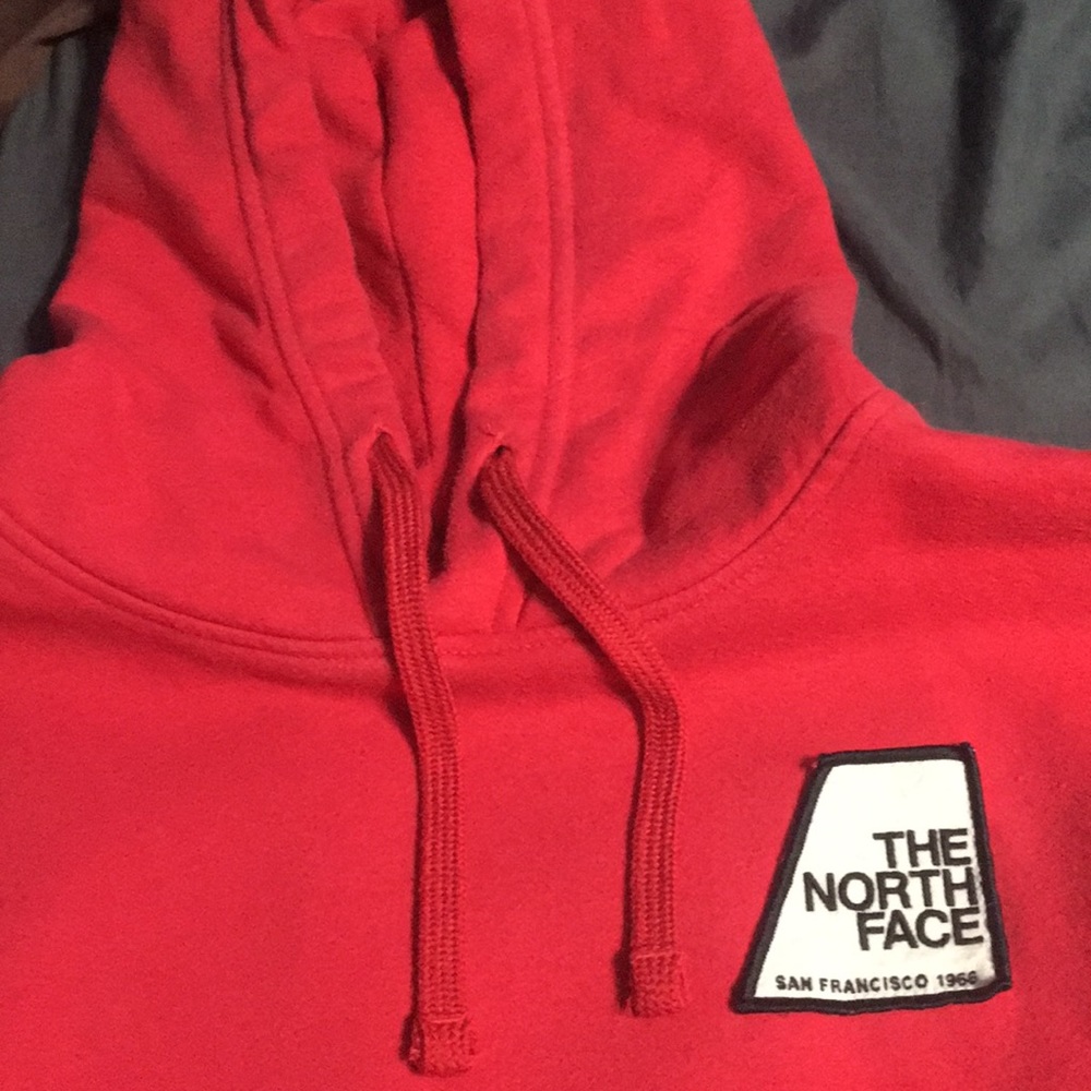 red men’s north face patch hoodie